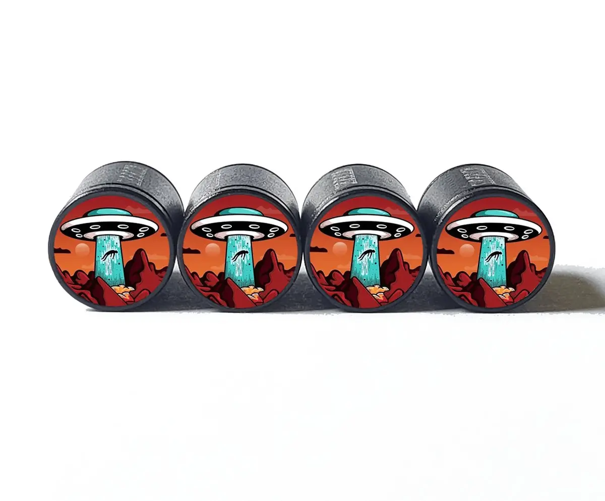 Ufo Alien Abduction Tire Valve Caps - Black Aluminum - Set Of Four 1