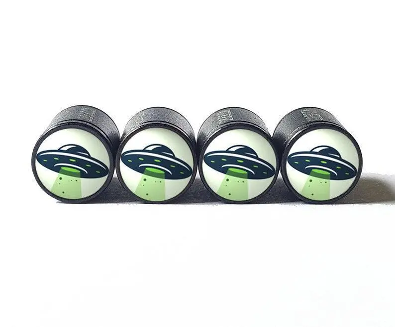 Ufo Flying Saucer Tire Valve Caps - Black Aluminum - Set Of Four 1