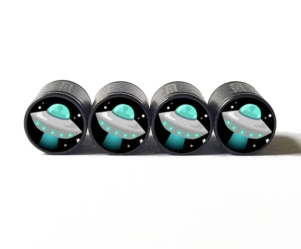 Ufo Space Ship Tire Valve Caps - Black Aluminum - Set Of Four 1