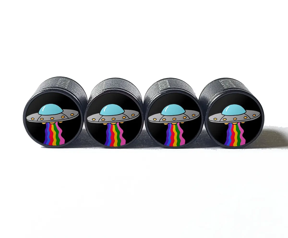Ufo Spaceship With Rainbow Rays Tire Valve Caps - Black Aluminum - Set Of Four 1
