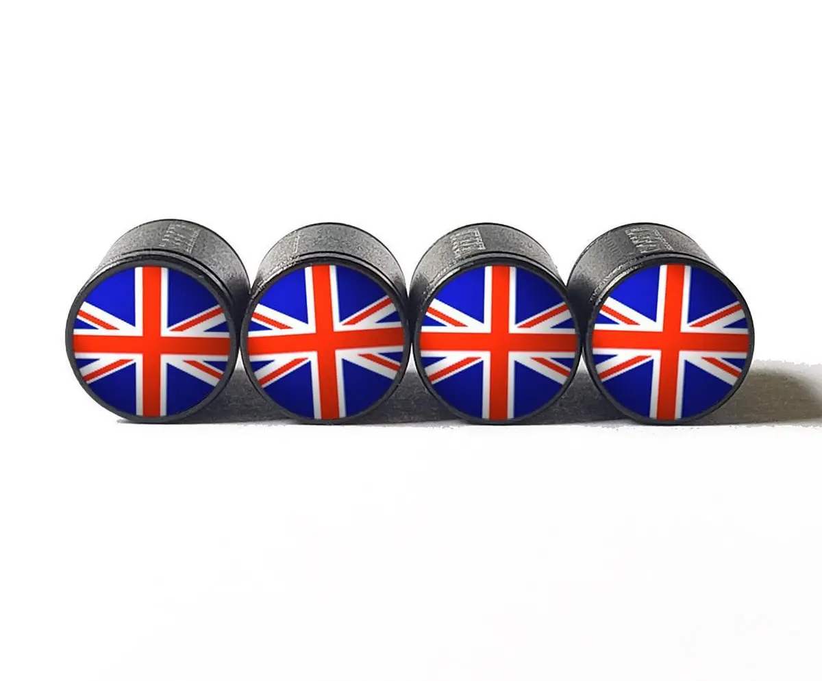 United Kingdom Flag Tire Valve Caps - Black Aluminum - Set Of Four 1
