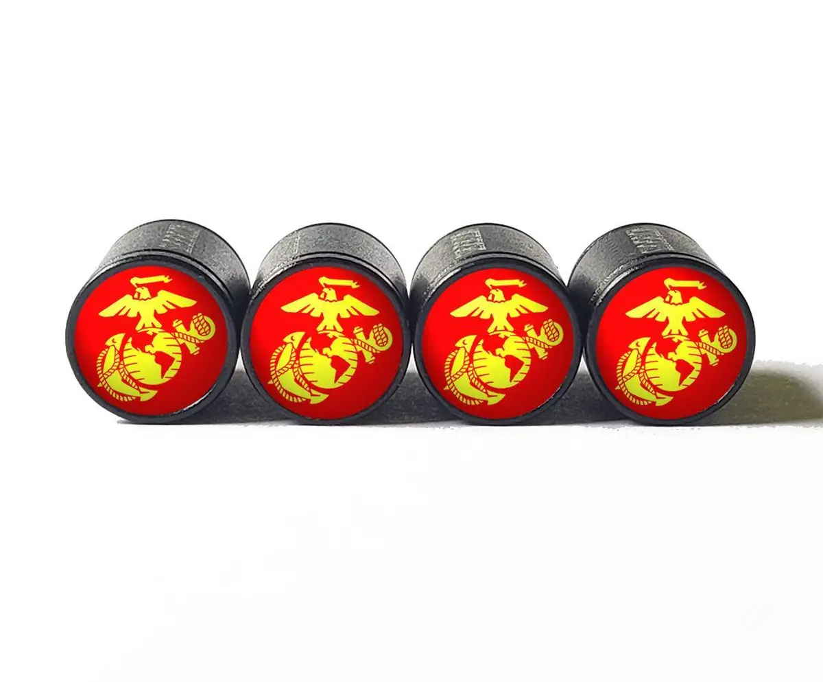 Us Marines Tire Valve Stem Caps - Black Aluminum - Set Of Four 1