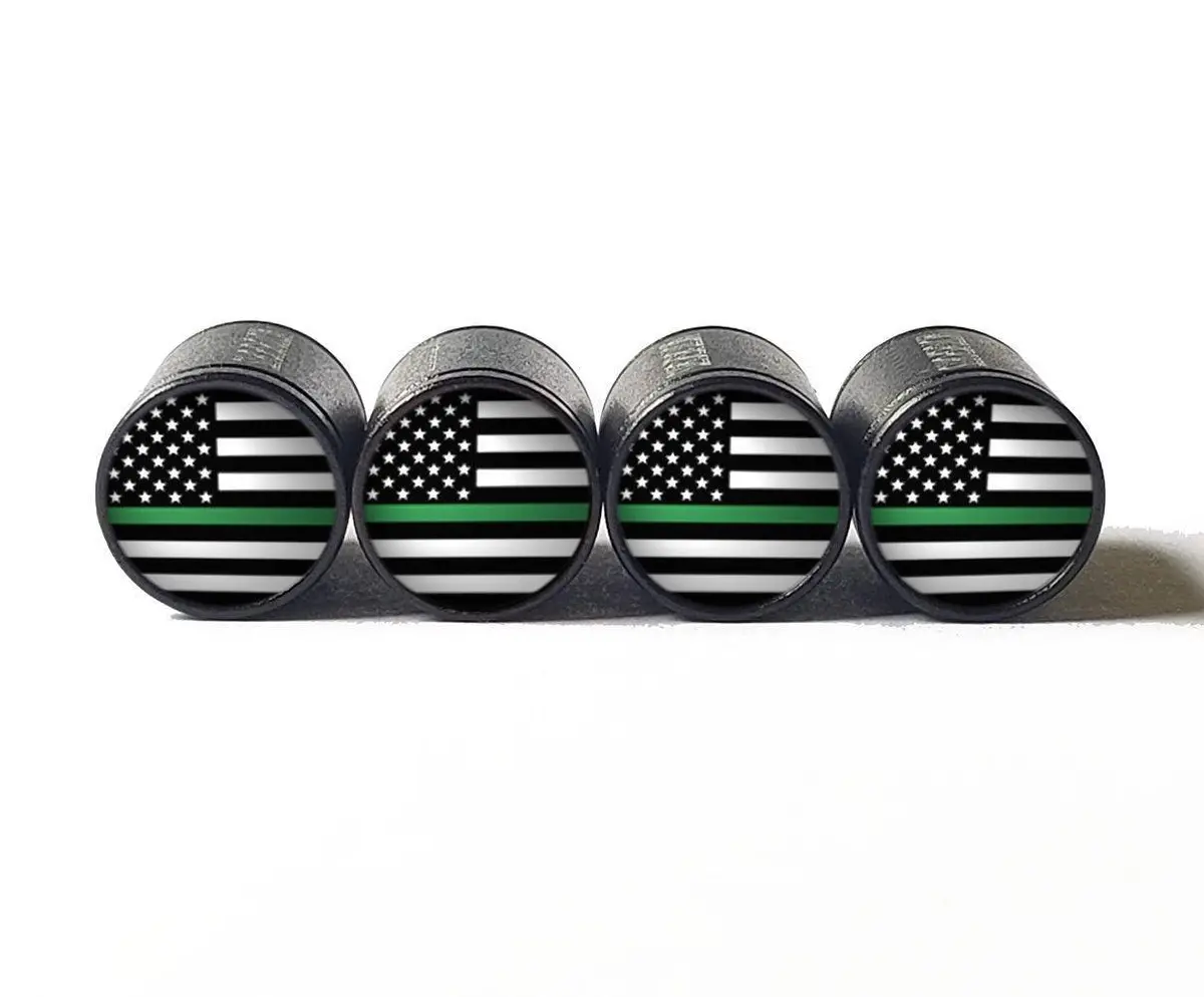 Military Green Line Usa Flag Tire Valve Caps - Black Aluminum - Set Of Four 1