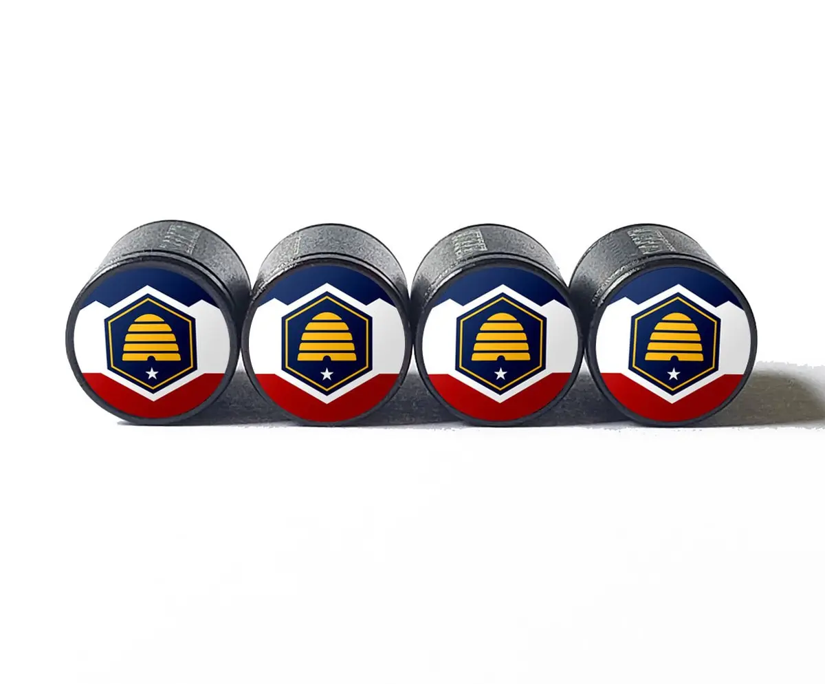 Utah State Flag Tire Valve Caps - Black Aluminum - Set Of Four 1