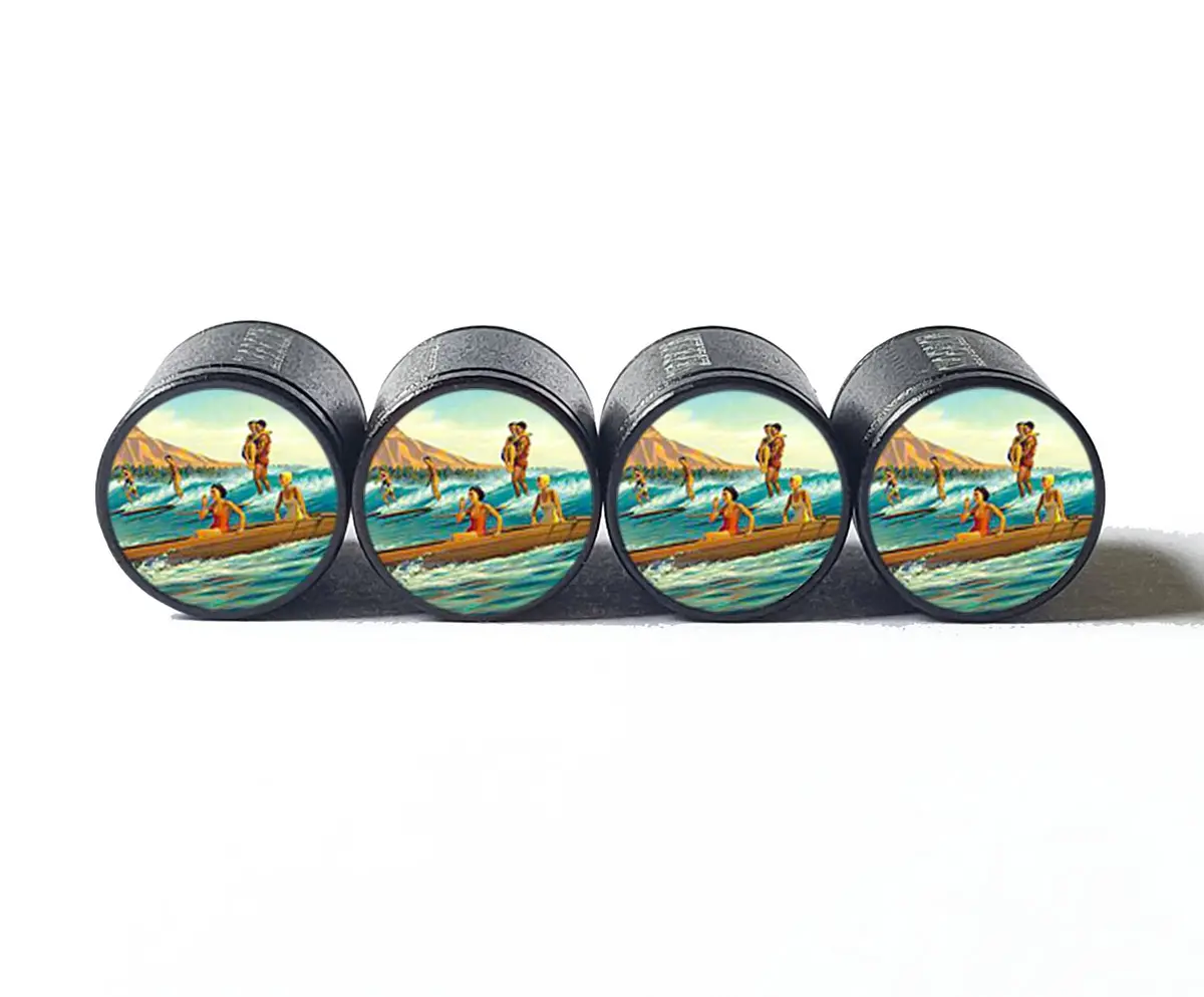 Vintage Hawaii Surfing Tire Valve Caps - Black Aluminum - Set Of Four 1