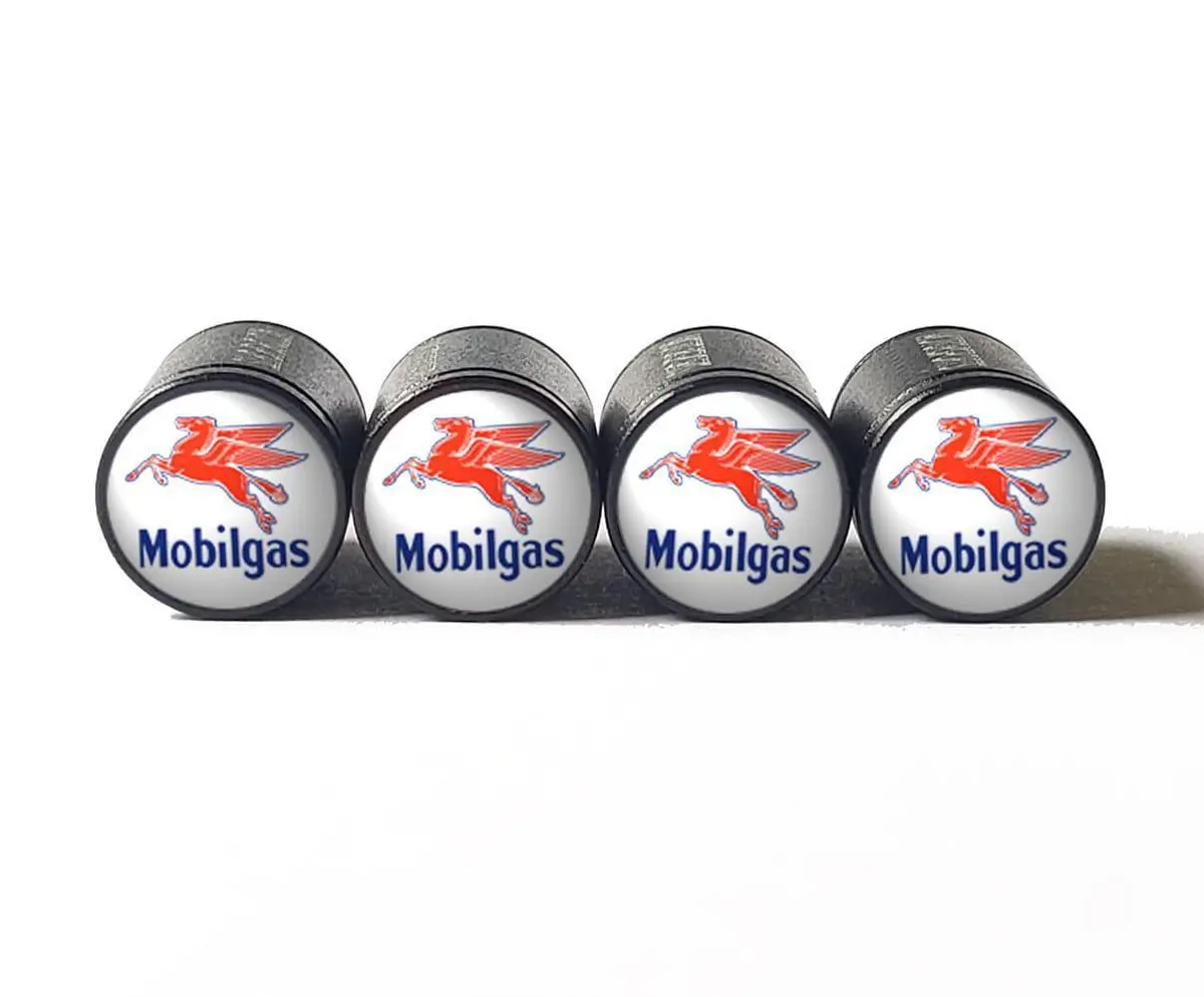Vintage Mobil Gas Logo Tire Valve Caps - Black Aluminum - Set Of Four 1