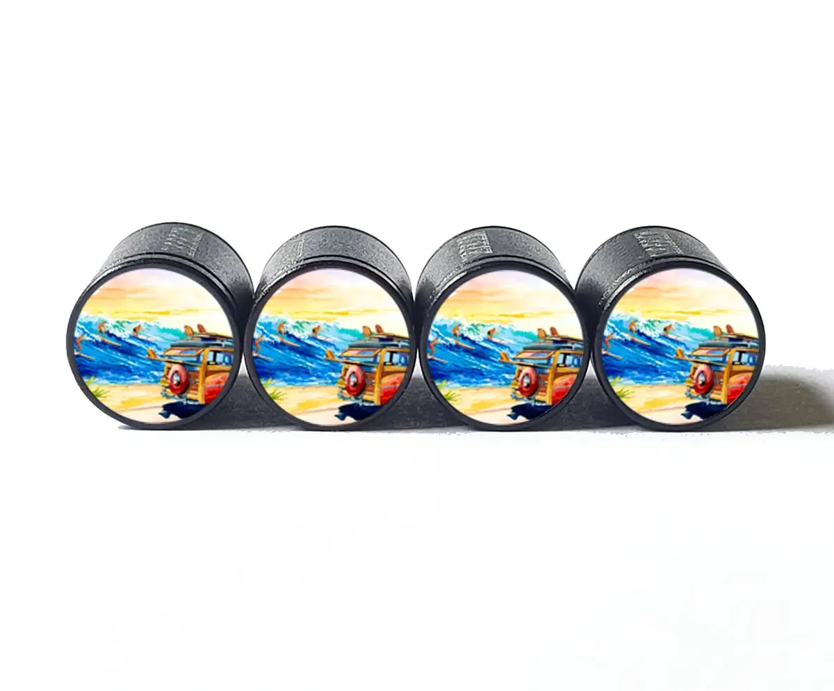 Vintage Surfing Tire Valve Caps - Black Aluminum - Set Of Four 1