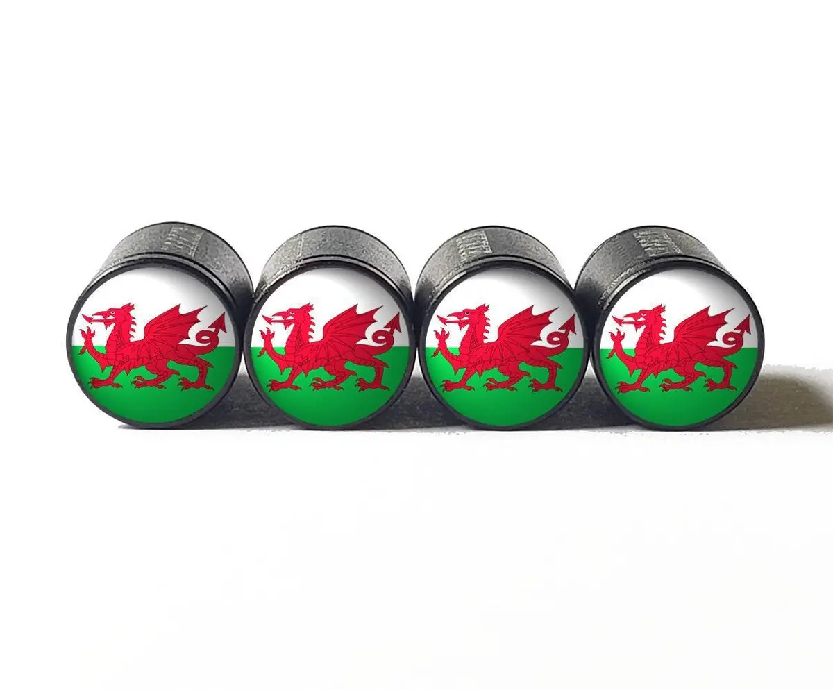 Wales Flag Tire Valve Stem Caps - Black Aluminum - Set Of Four 1