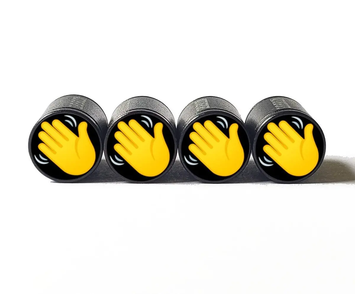 Waving Hand Emoji Tire Valve Stem Caps - Black Aluminum - Set Of Four 1