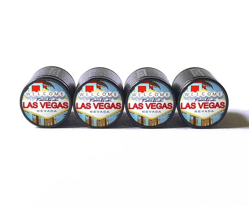 Welcome To Las Vegas Tire Valve Stem Caps - Black Aluminum - Set Of 4 1