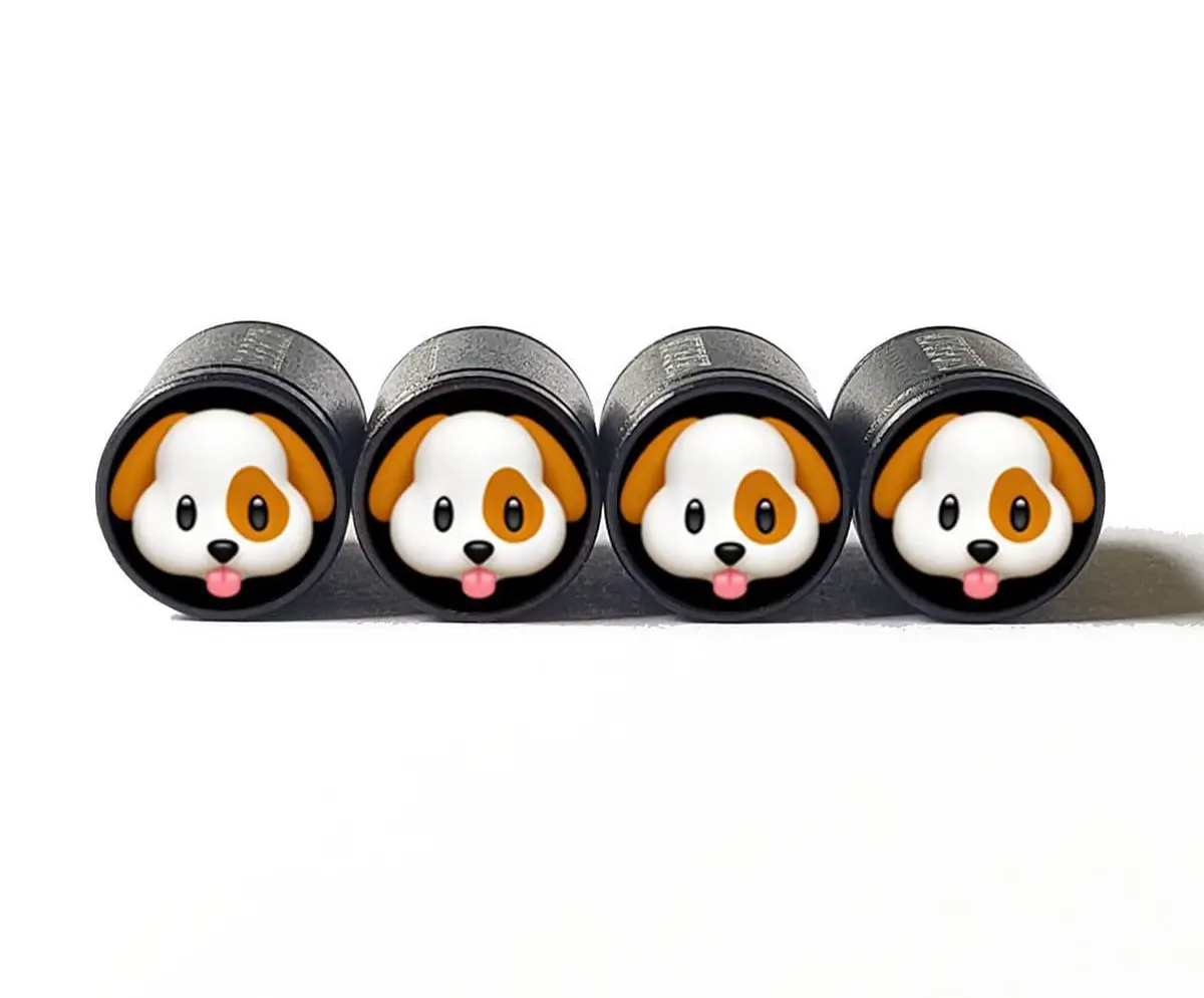 White And Brown Puppy Dog Emoji Tire Valve Caps - Aluminum - Set Of 4 1