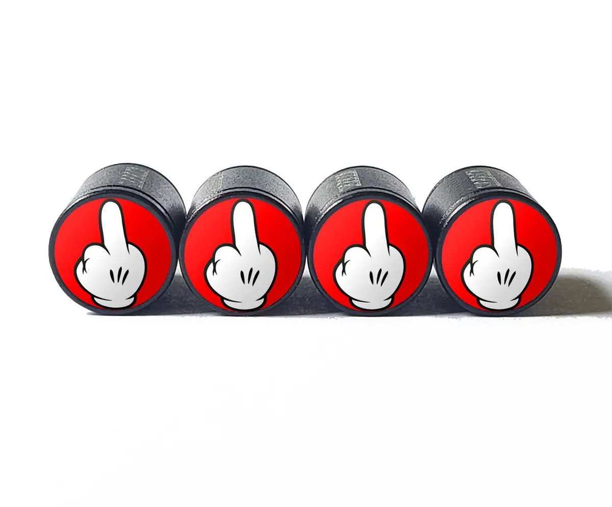 White Cartoon Glove Middle Finger Tire Valve Caps - Black Aluminum - Set Of Four 1