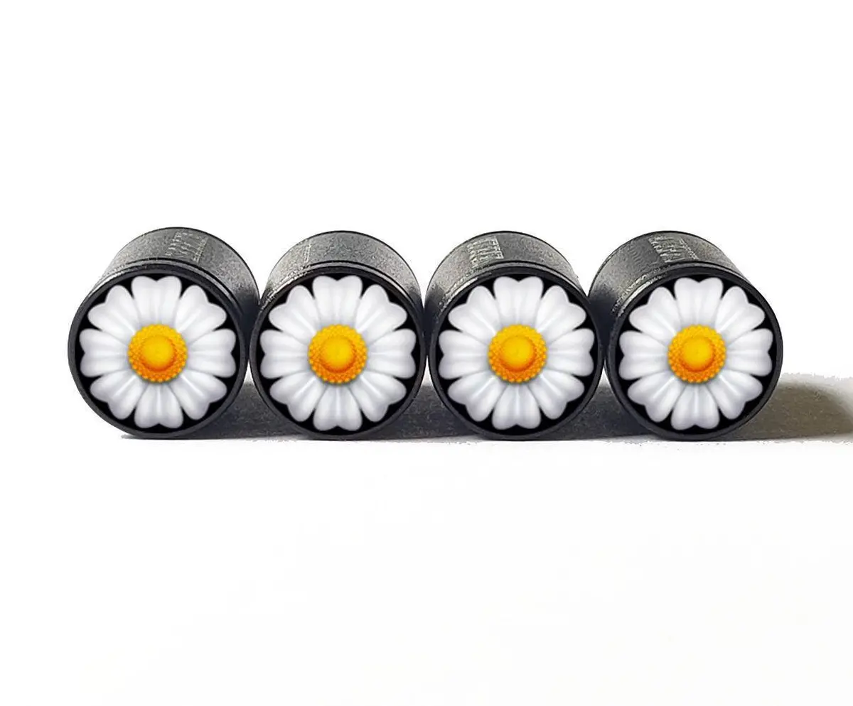 White Daisy Flower Tire Valve Caps - Black Aluminum - Set Of Four 1