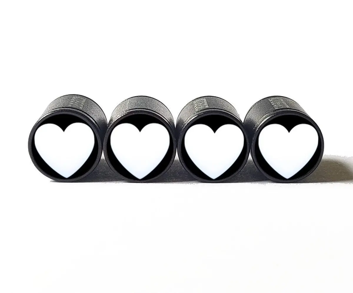 White Heart Emoji Tire Valve Caps - Black Aluminum - Set Of Four 1