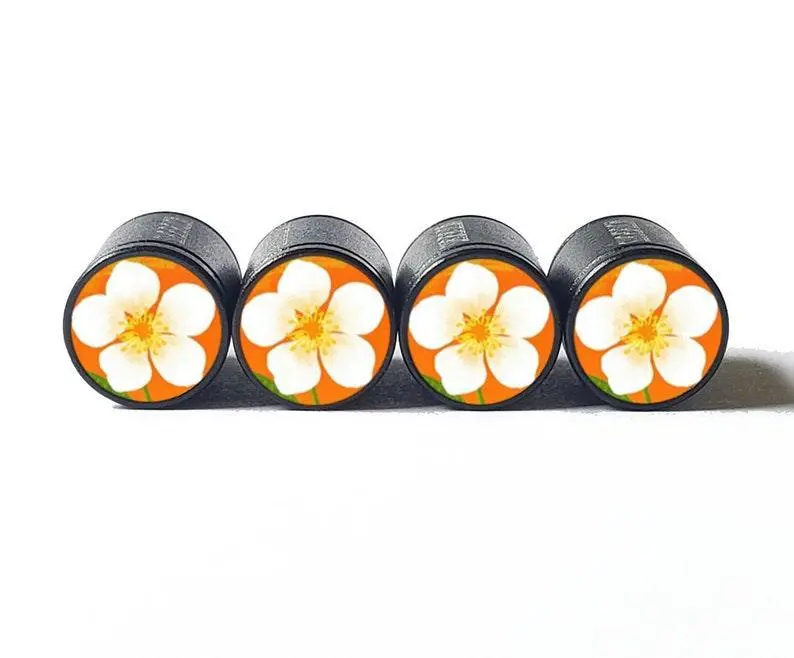 White Hibiscus Flower Tire Valve Caps - Black Aluminum - Set Of Four 1