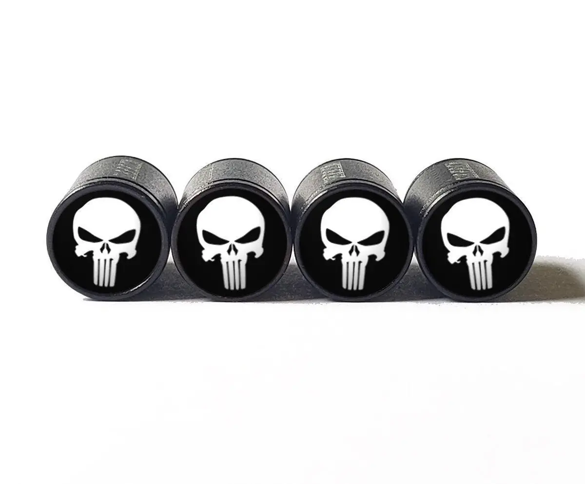 White Punisher Tire Valve Caps - Black Aluminum - Set Of Four 1