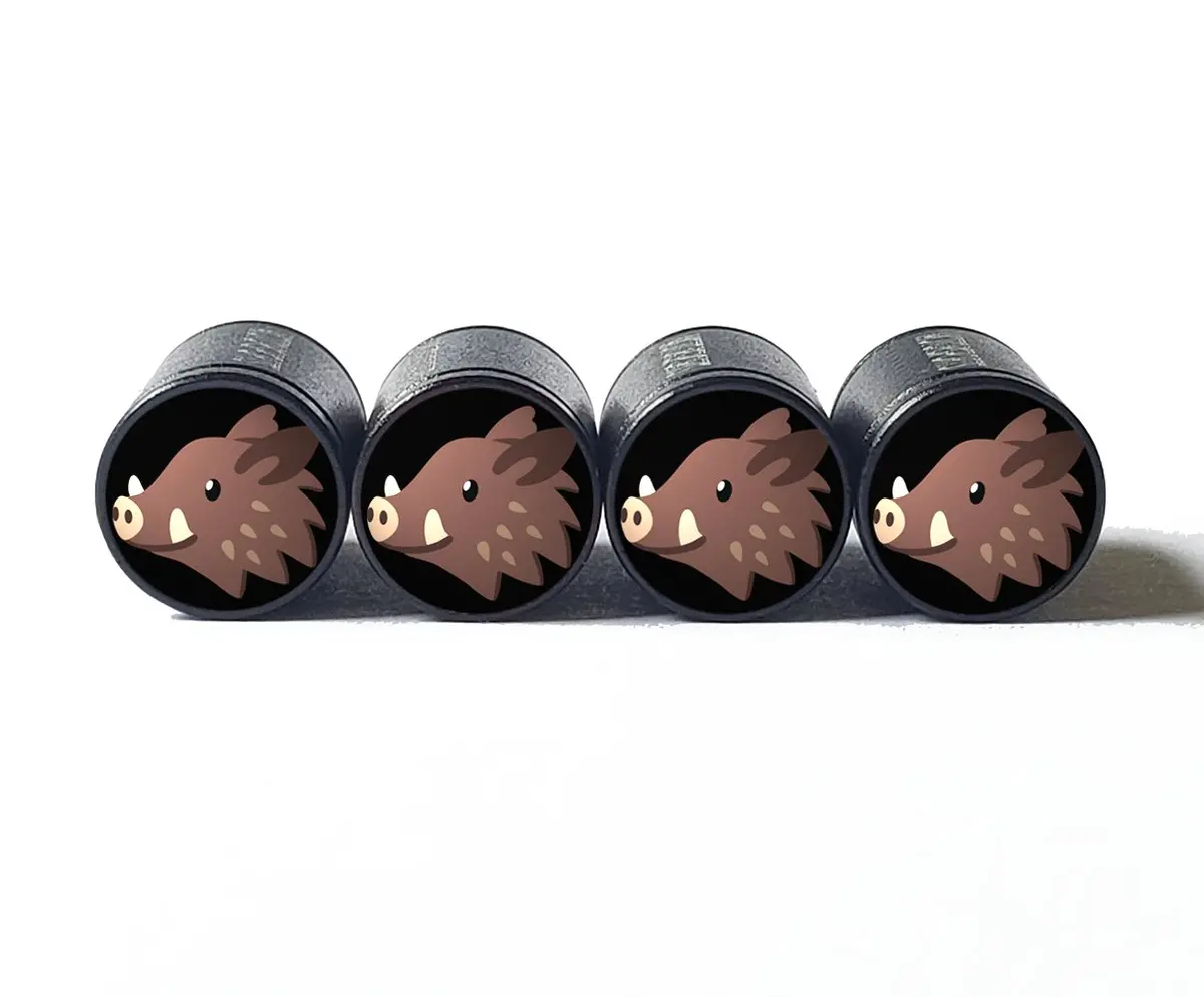 Wild Boar Emoji Tire Valve Caps - Black Aluminum - Set Of Four 1