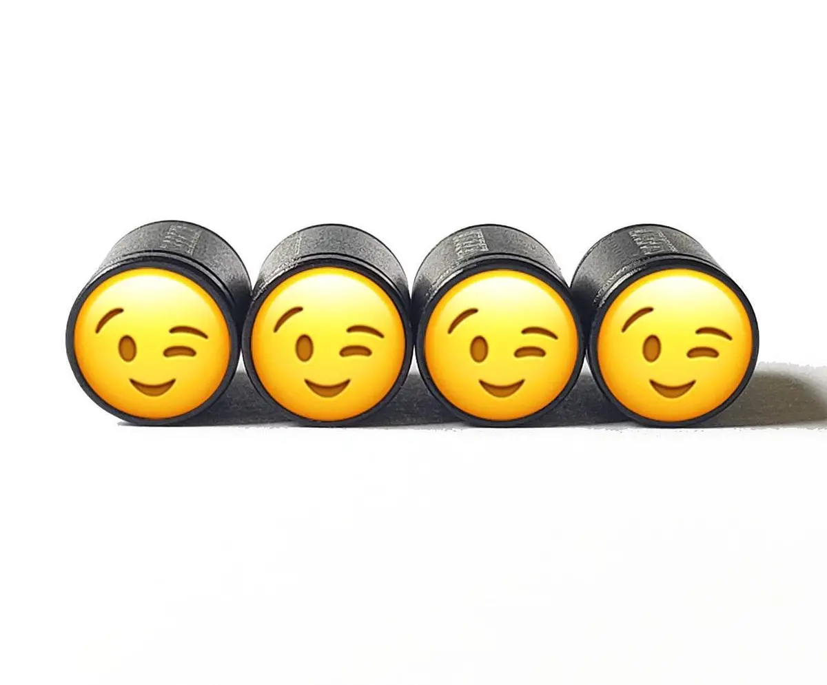 Winking Face Wink Emoji Tire Valve Caps - Black Aluminum - Set Of Four 1