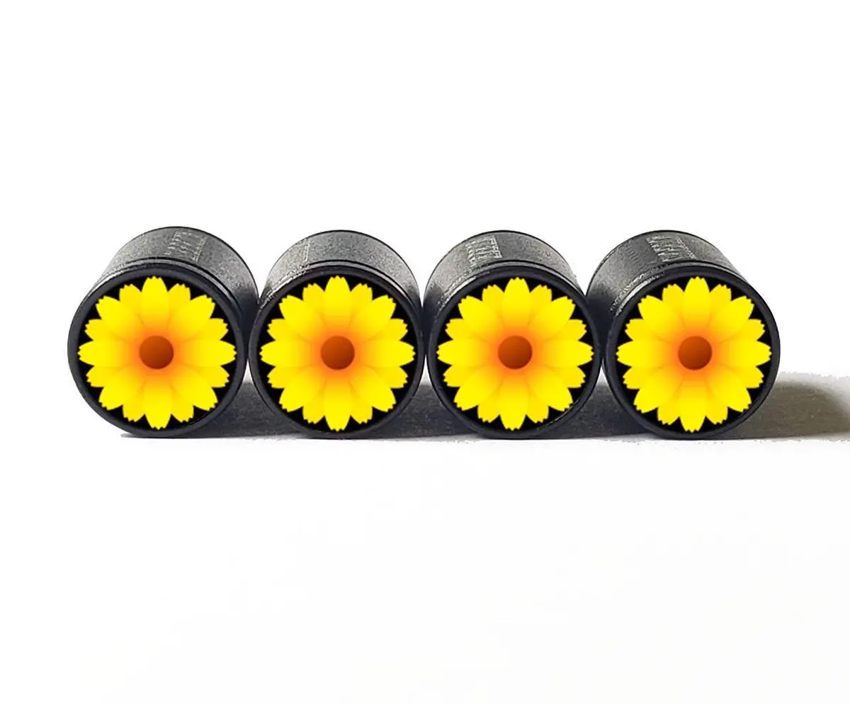 Yellow And Orange Flower Tire Valve Caps - Black Aluminum - Set Of Four 1