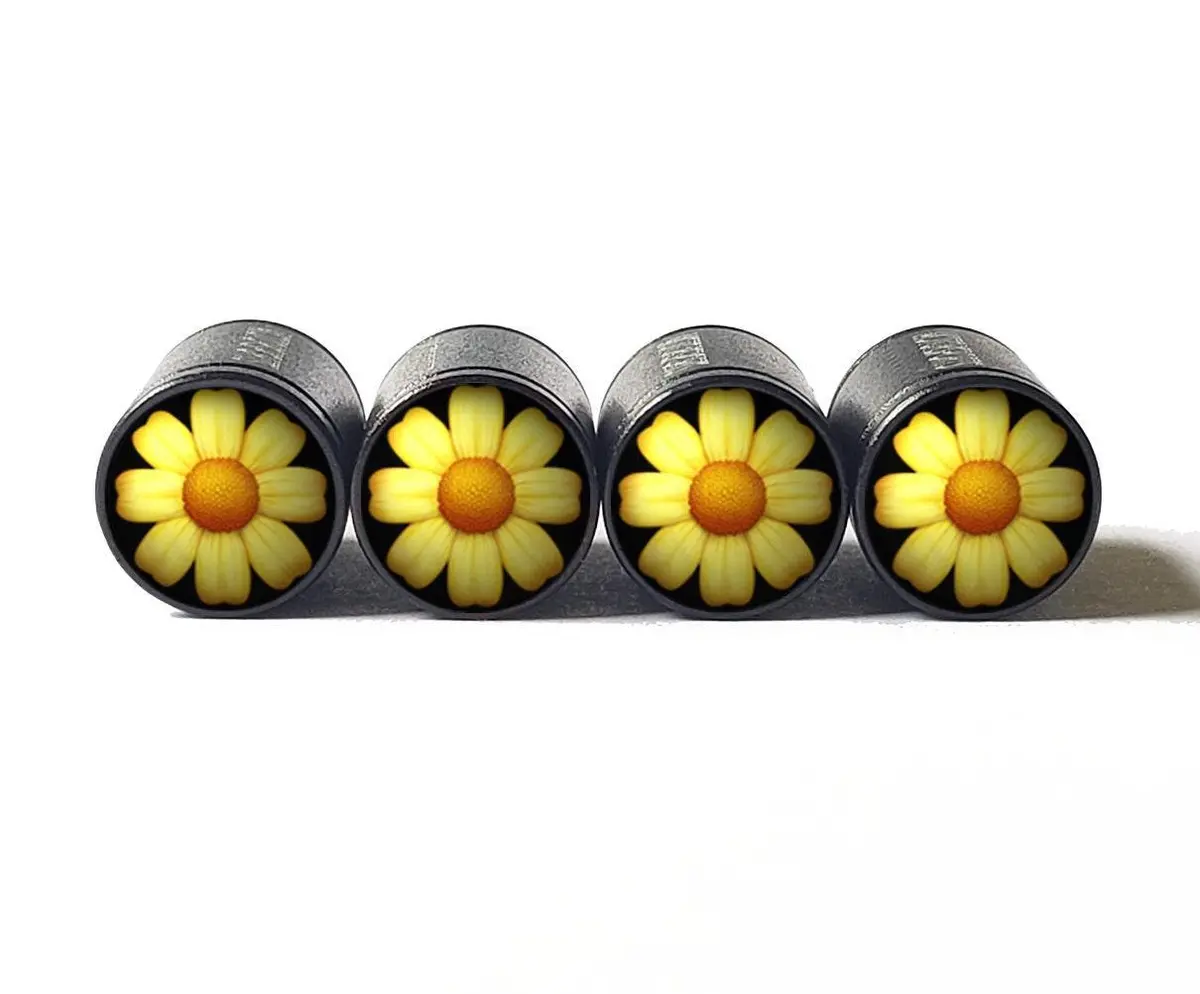 Yellow Daisy Flower Emoji Tire Valve Caps - Black Aluminum - Set Of 4 1