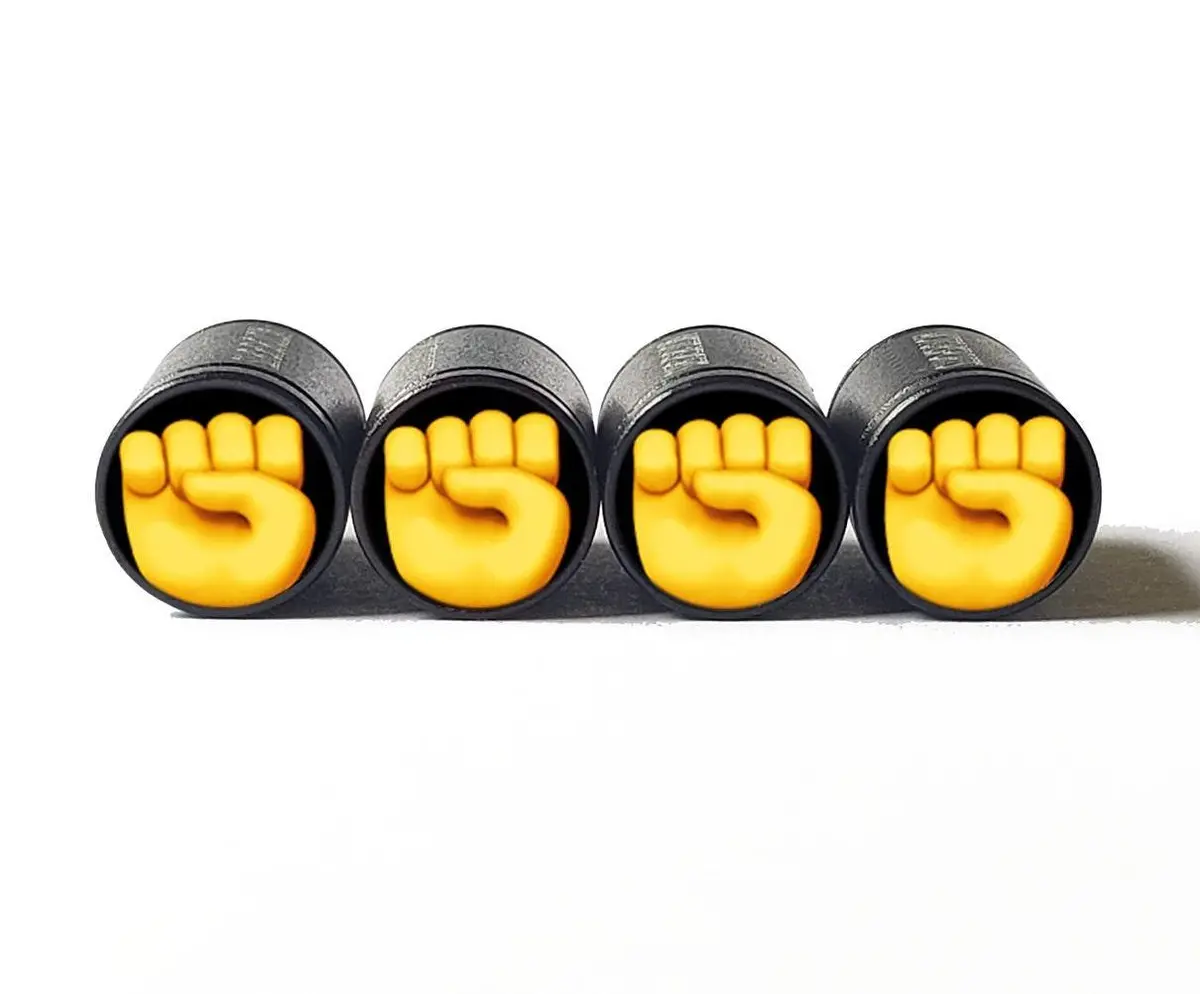 Yellow Fist Emoji Tire Valve Caps - Black Aluminum - Set Of Four 1