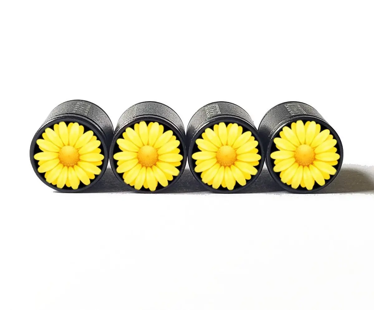 Yellow Flower Emoji Tire Valve Caps - Black Aluminum - Set Of Four 1