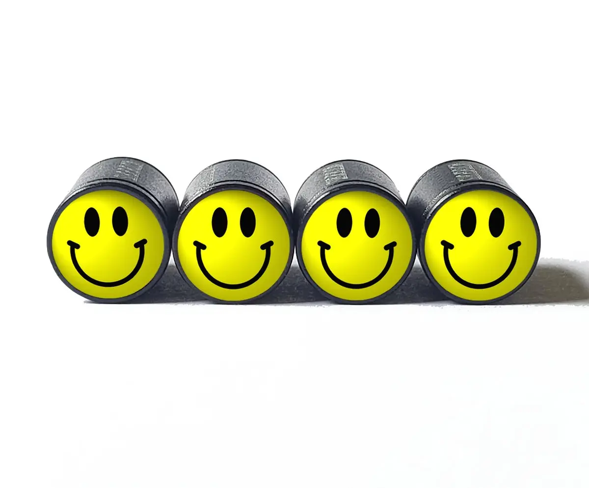 Happy Smiley Face Tire Valve Caps - Black Aluminum - Set Of Four 1