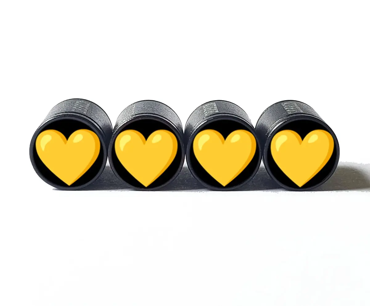 Yellow Heart Emoji Tire Valve Caps - Black Aluminum - Set Of Four 1