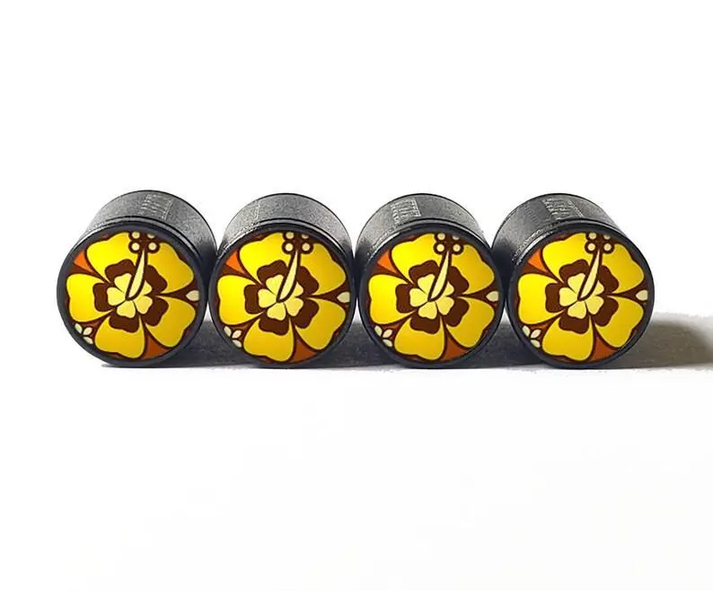 Yellow Hibiscus Flower Tire Valve Caps - Black Aluminum - Set Of 4 1