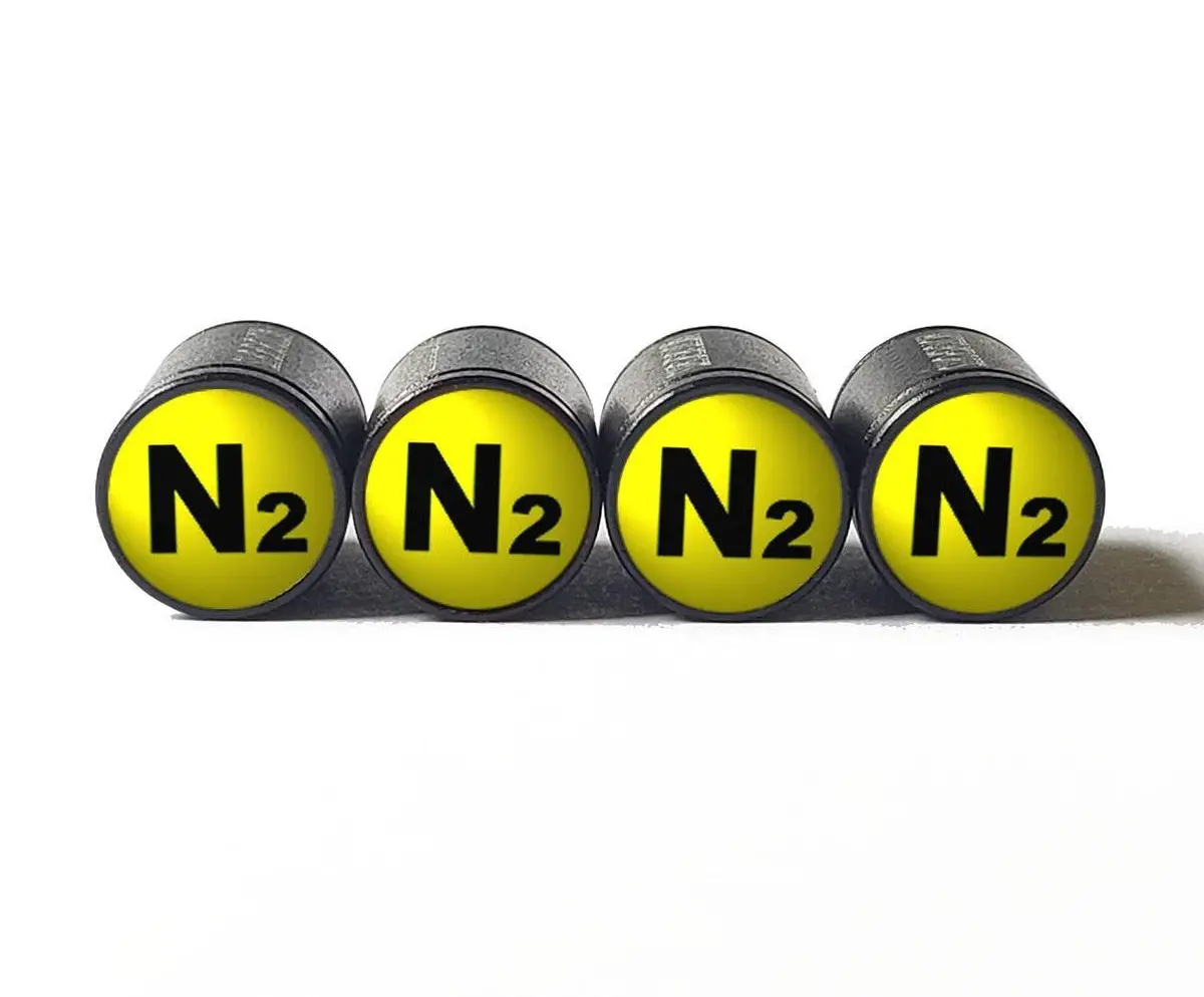 Yellow N2 Nitrogen Tire Valve Caps (Style 1) - Black Aluminum - Universal 1