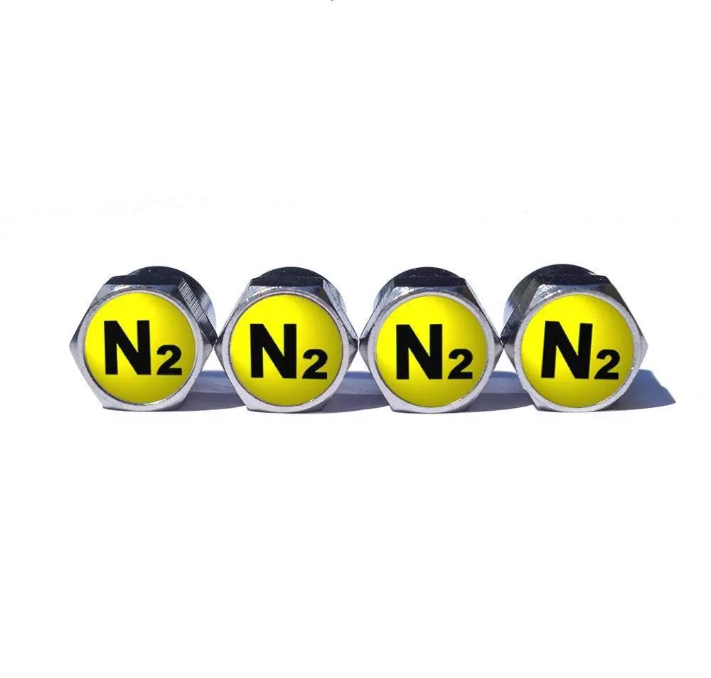 Yellow N2 Nitrogen Tire Valve Stem Caps - Chrome Coated - Type 1 1