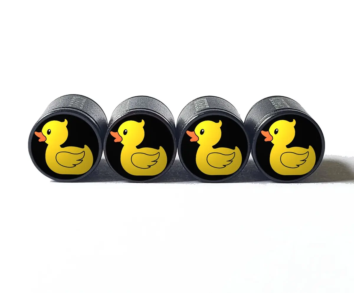 Yellow Rubber Ducky Tire Valve Caps - Black Aluminum - Set Of Four 1