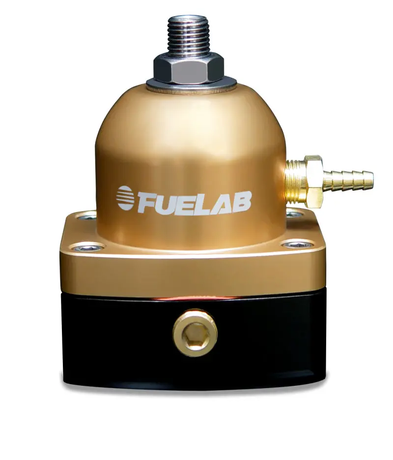 Fuelab 515 Adjustable Carburetor Fuel Pressure Regulator – 1–3 Psi, Dual -6An Inlet, Single -6An Return, Gold Finish 1