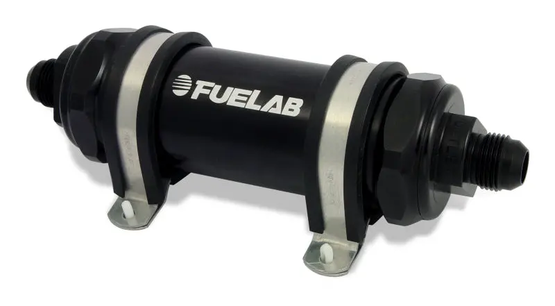 Fuelab Inline Fuel Filter – Long-Body, -6An Inlet / -8An Outlet, 10-Micron Fabric With Check Valve (Black) 1