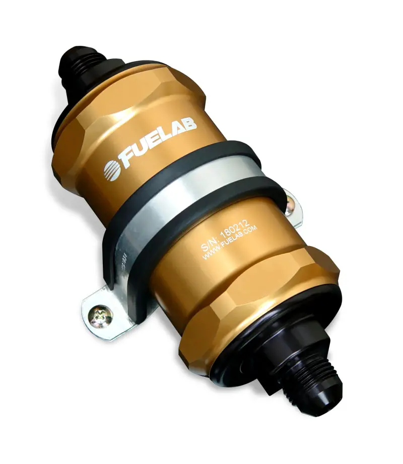 Fuelab 818 Inline Fuel Filter – 6An Inlet/Outlet, 100-Micron Stainless Steel, Gold Finish 1