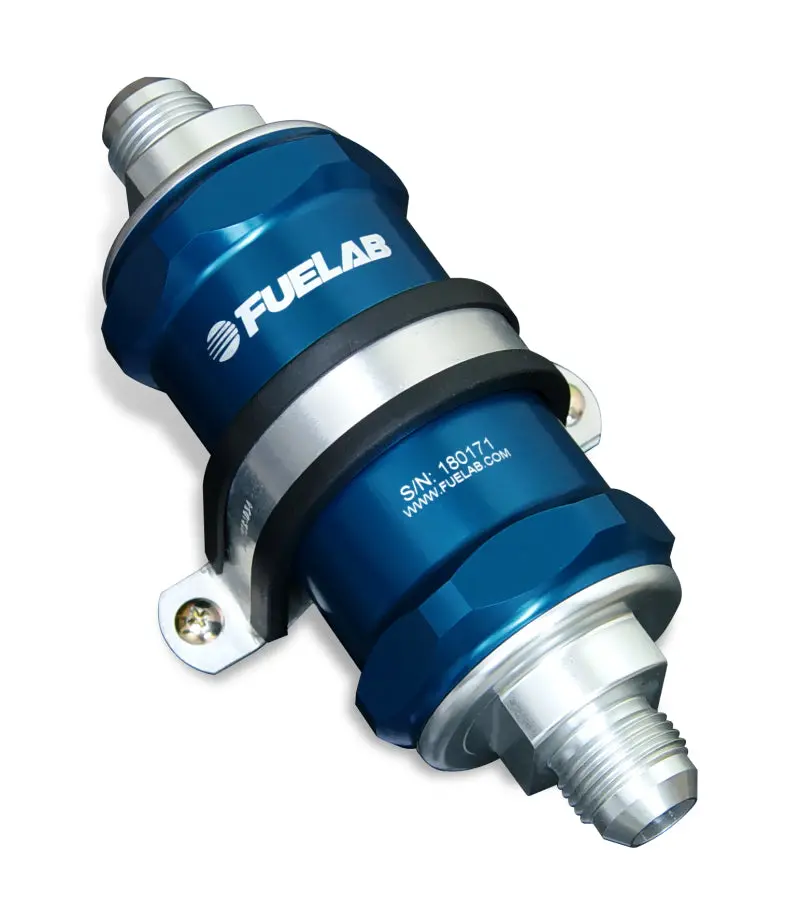 Fuelab Inline Fuel Filter — 6-Micron Fiberglass, -6An Inlet / -8An Outlet, Integrated Check Valve, Blue Housing 1