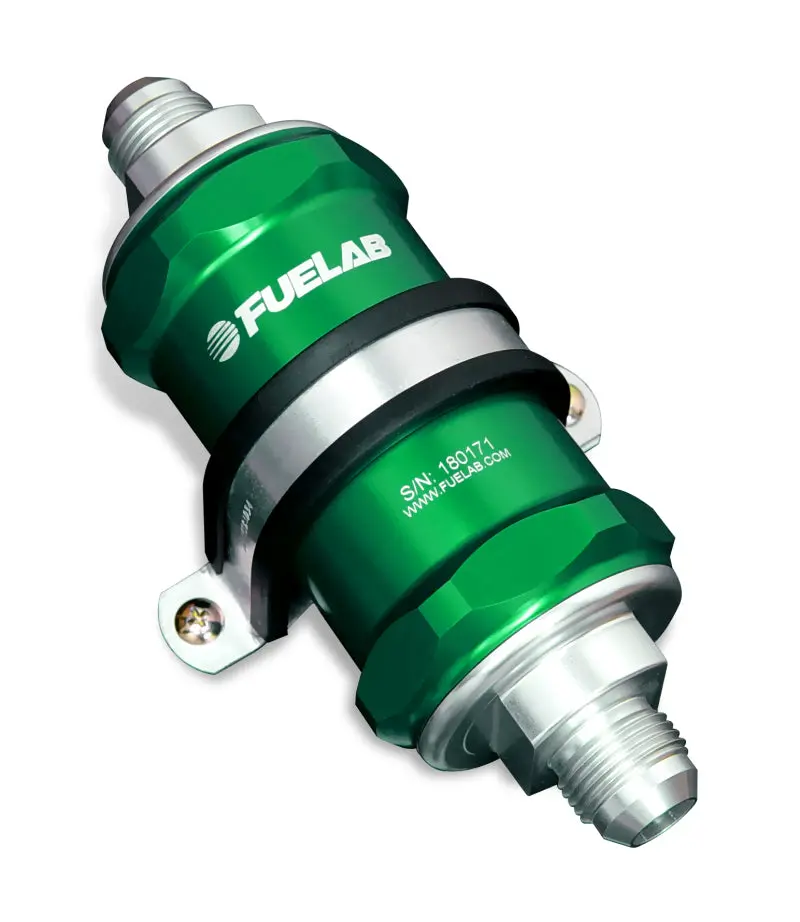Fuelab 818 Inline Fuel Filter – -12An Inlet/Outlet, 100-Micron Stainless Steel Element, Green Housing 1